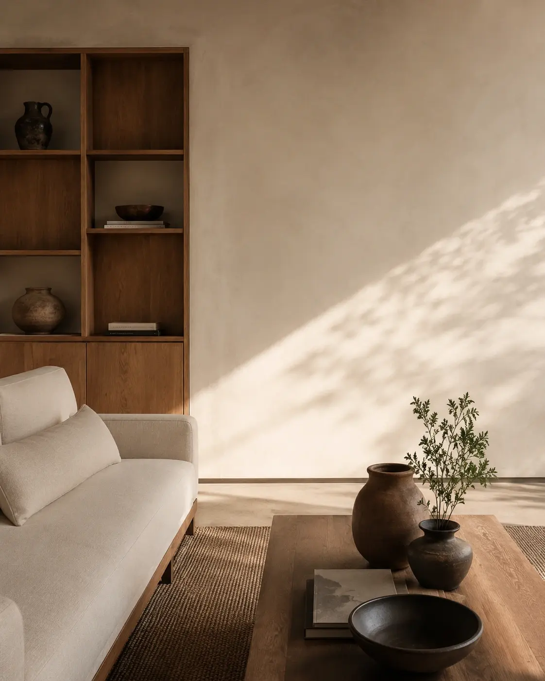 Interior contemporáneo de Áurea Casa con materiales naturales y luz cálida