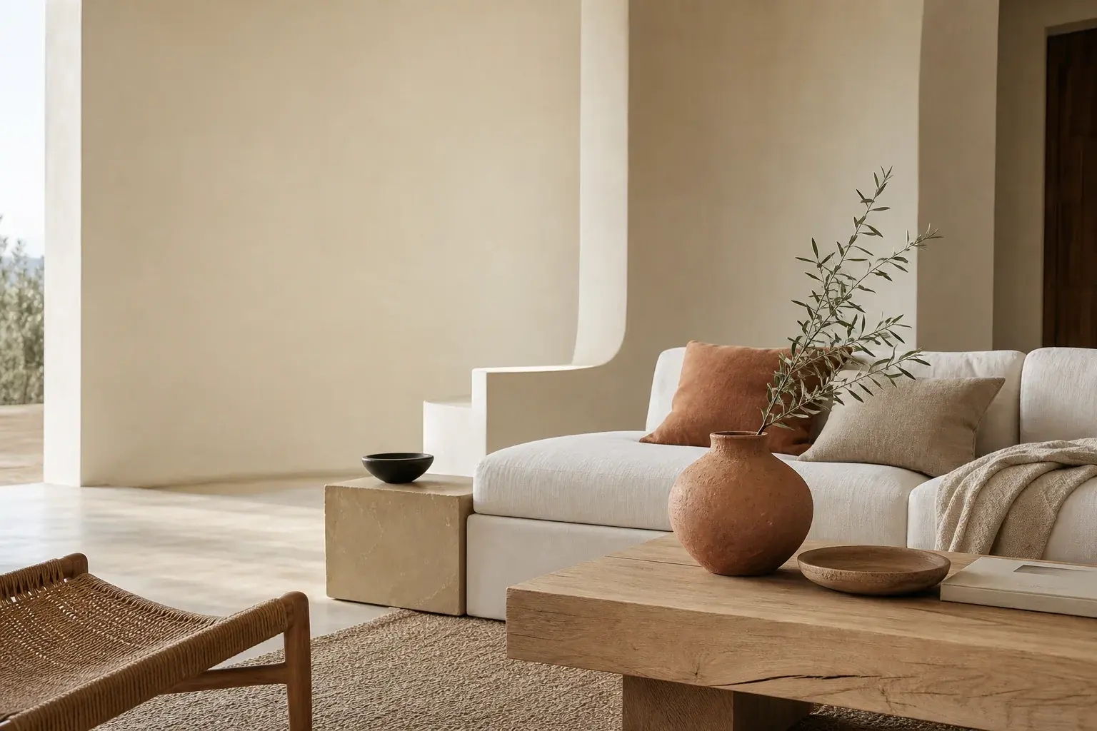Interior contemporáneo de Áurea Casa con tonos naturales, cerámica y textiles